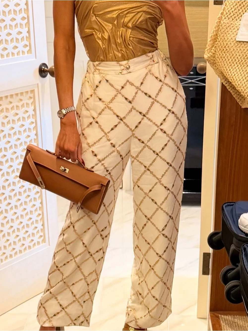 RARE CHANEL RUNWAY 2023/2022A CRUISE 100% SILK & REAL GOLD Sz 38 LIKE NEW PANT